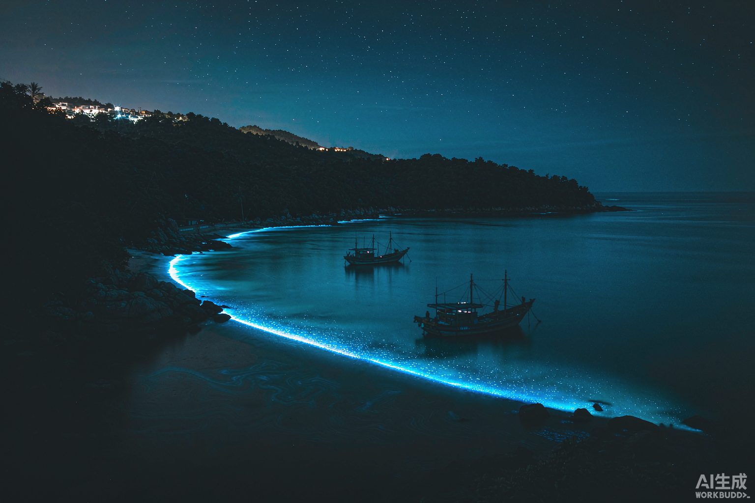 俯瞰海湾夜间蓝色光带