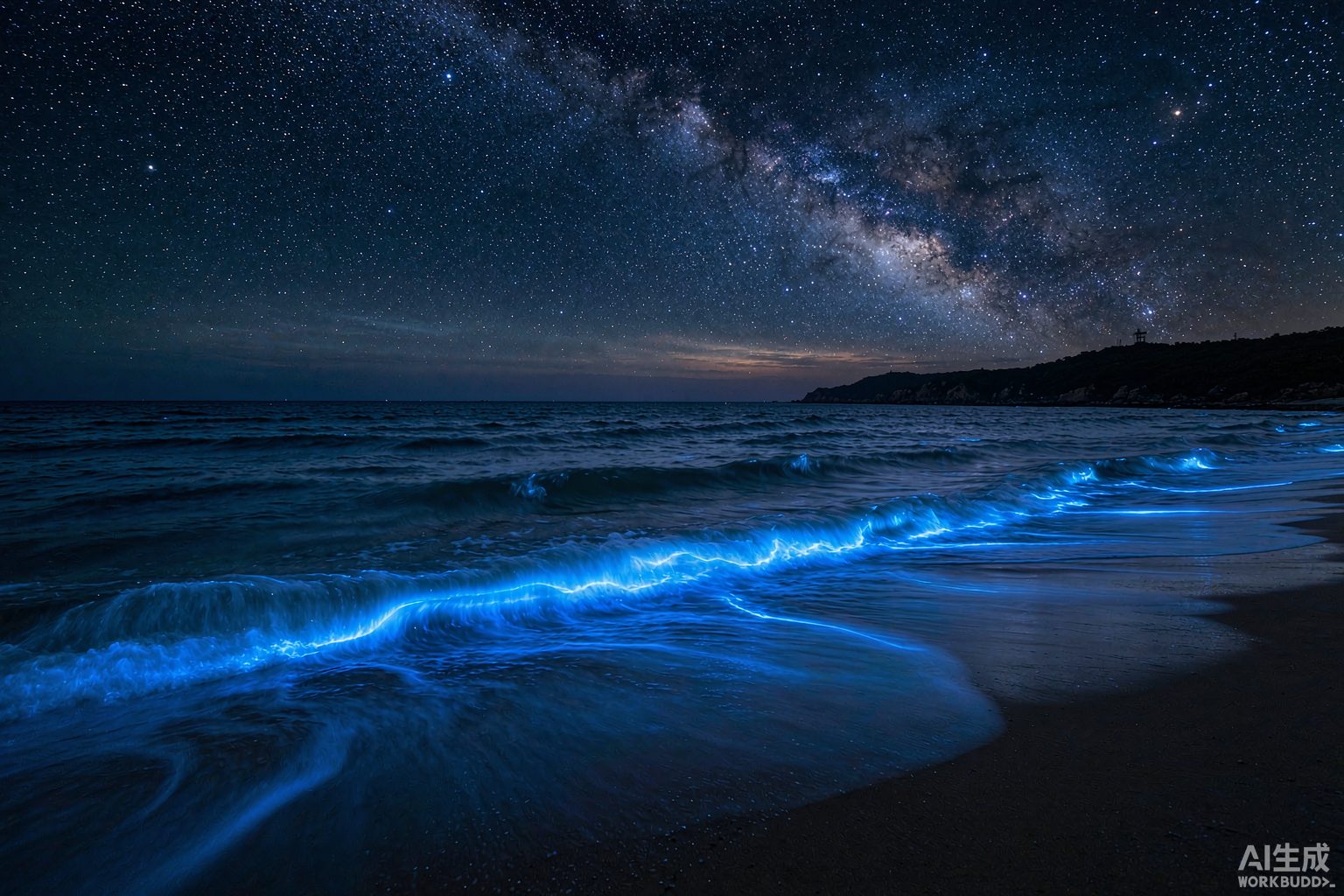 夜色中发着蓝光的海浪